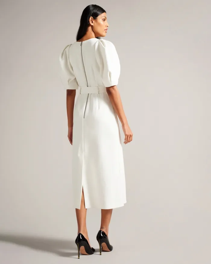 Women GABYELA 8211 Puff Sleeve Midi Dress With Belt White Ted Baker Dresses