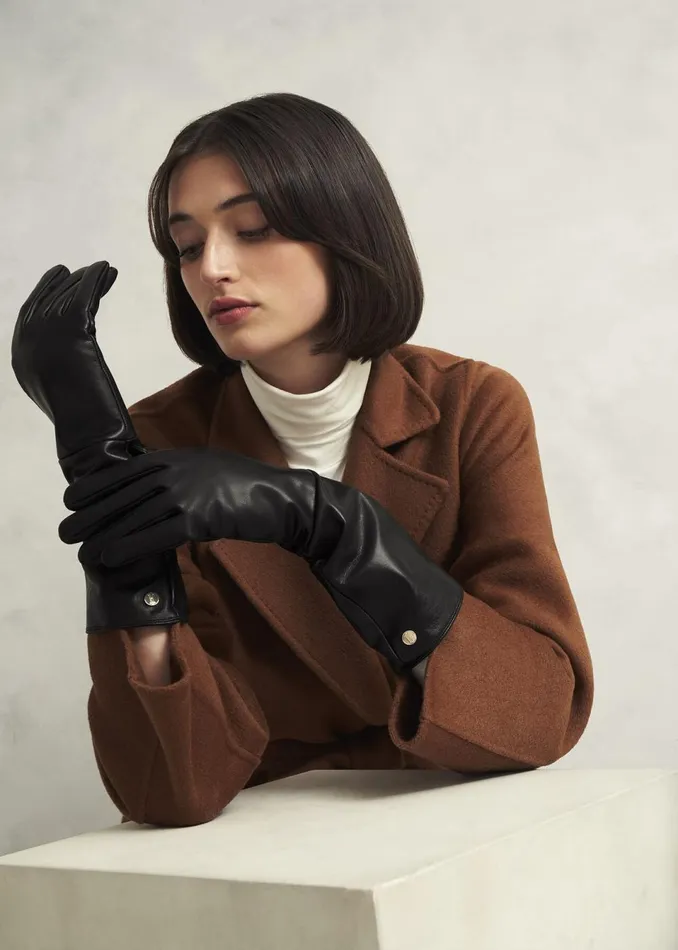 Women Gloves Hobbs Meghan Leather Long Gloves Black