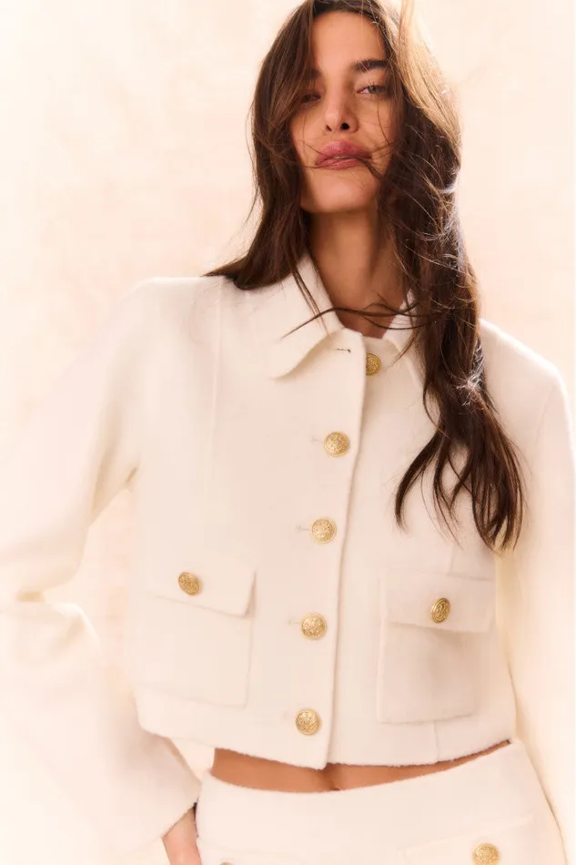 Women Jackets and Coats LoveShackFancy Lettie Wool MilitaryInspired Jacket Oatmeal