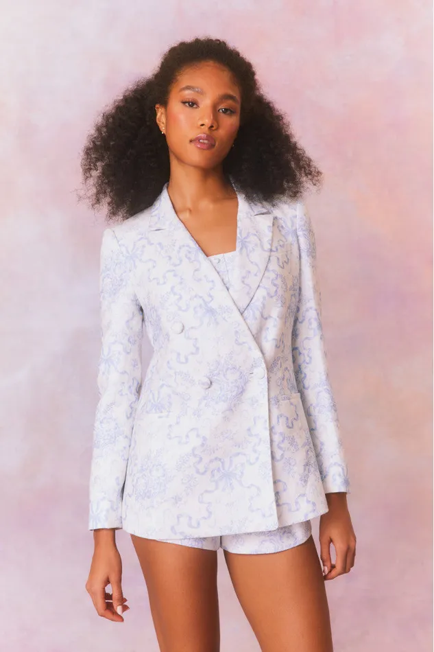 Women Jackets and Coats LoveShackFancy Lumine Double Breasted Bow Print Jacket Blissful Blue