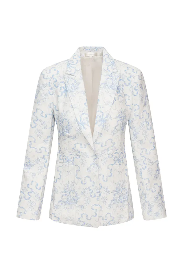 Women Jackets and Coats LoveShackFancy Lumine Double Breasted Bow Print Jacket Blissful Blue Women Jackets and Coats LoveShackFancy Lumine Double Breasted Bow Print Jacket Blissful Blue