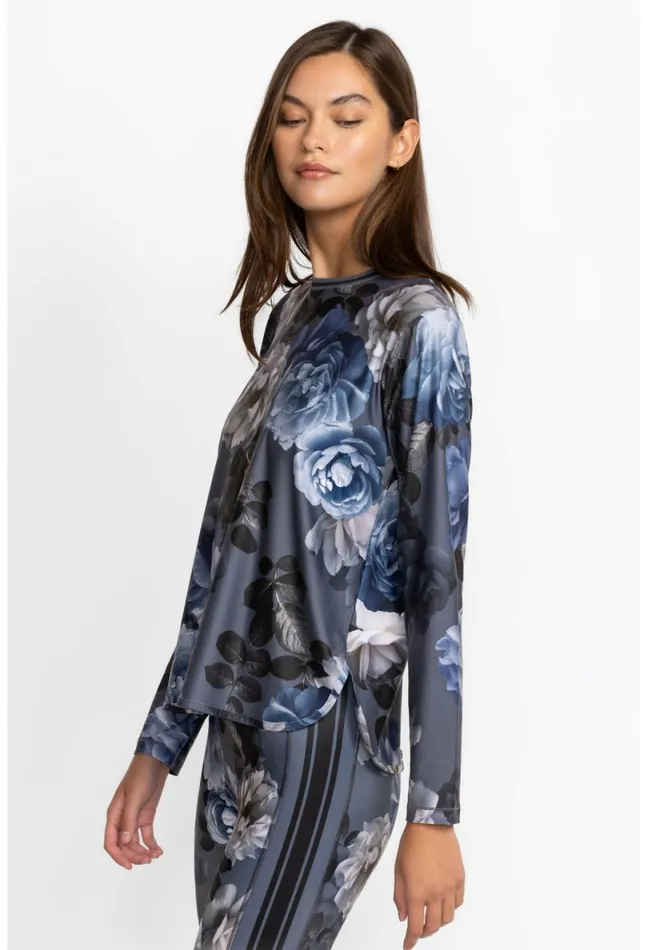 Women Johnny Was Active Grey Peony Oversize Crop LS Tee Grey Peony