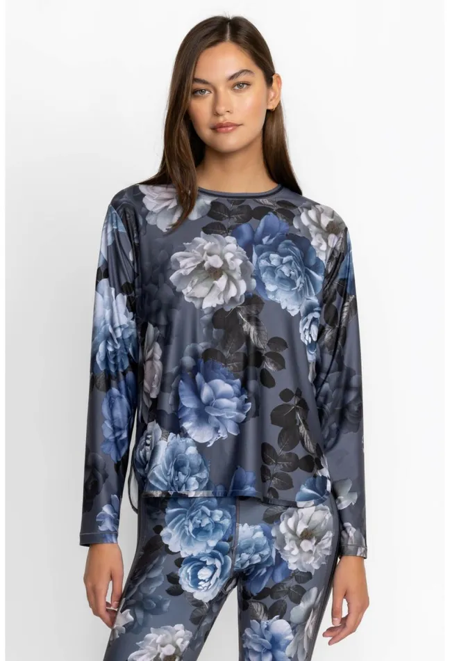 Women Johnny Was Active Grey Peony Oversize Crop LS Tee Grey Peony