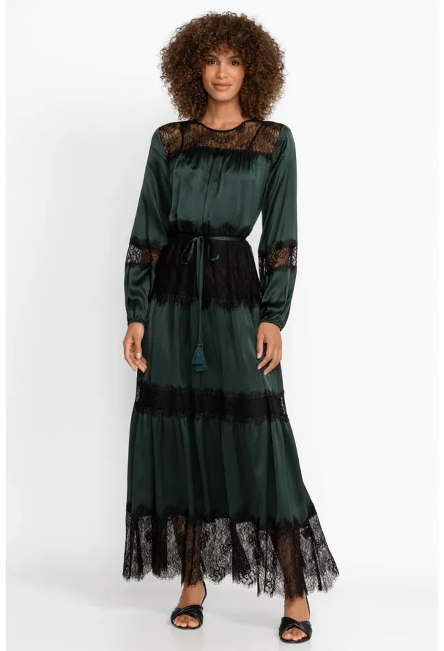 Women Johnny Was Dresses Ellie Lace Tiered Lace Maxi Dress Emerald Green