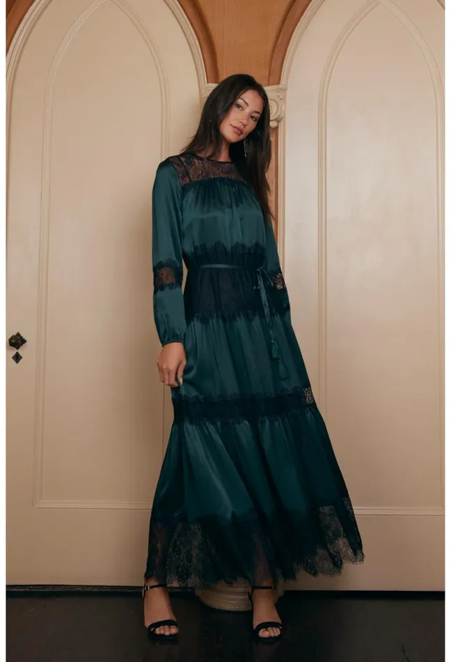 Women Johnny Was Dresses Ellie Lace Tiered Lace Maxi Dress Emerald Green