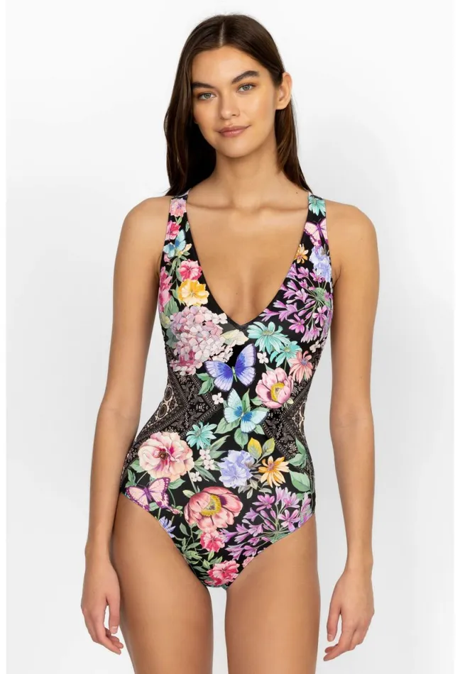 Women Johnny Was OnePieces Black Butterfly Cross Back One Piece Black Butterfly