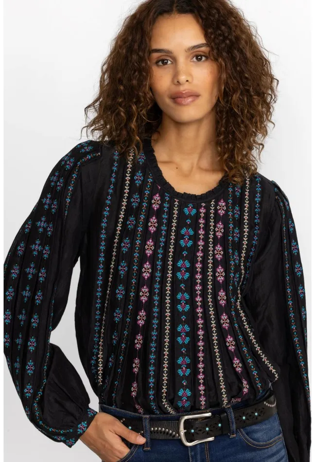 Women Johnny Was Tops Calico Blouse Black