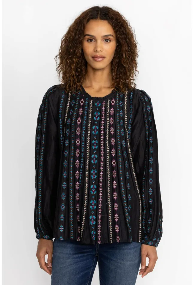 Women Johnny Was Tops Calico Blouse Black