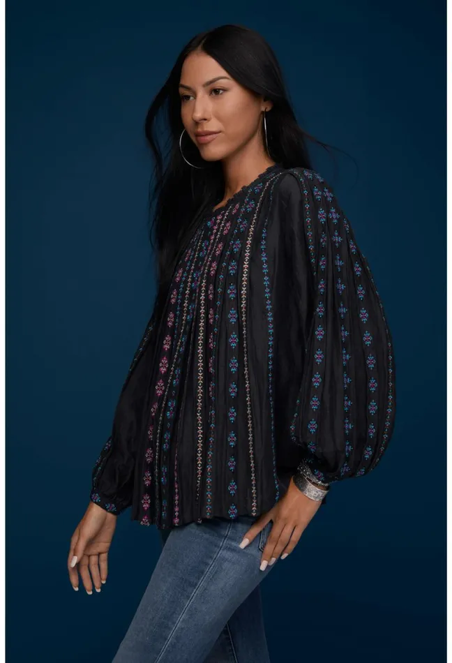 Women Johnny Was Tops Calico Blouse Black