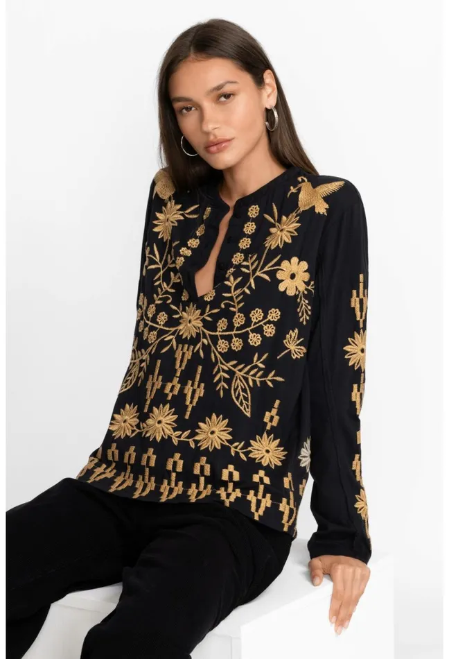Women Johnny Was Tops Georgina Raw Seam Henley Black