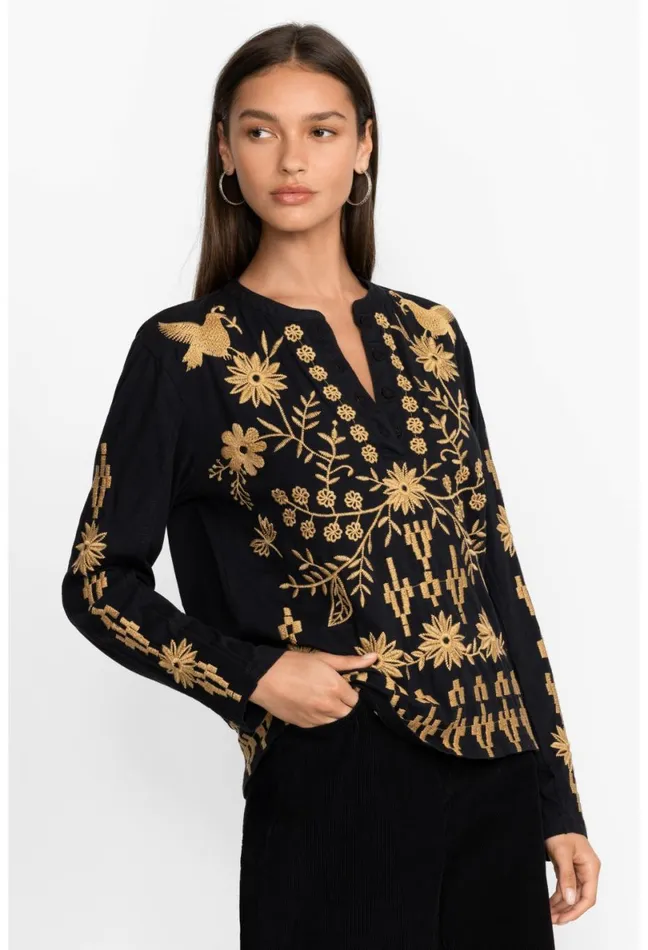 Women Johnny Was Tops Georgina Raw Seam Henley Black