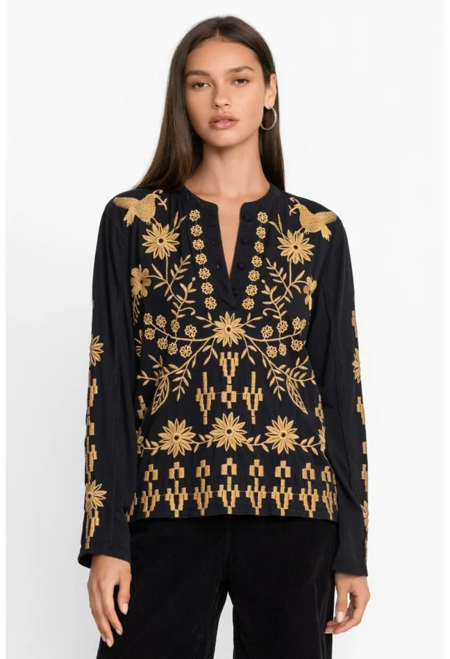 Women Johnny Was Tops Georgina Raw Seam Henley Black