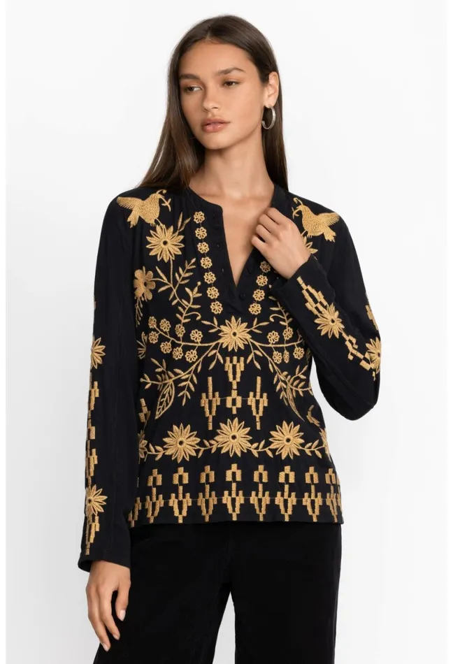 Women Johnny Was Tops Georgina Raw Seam Henley Black