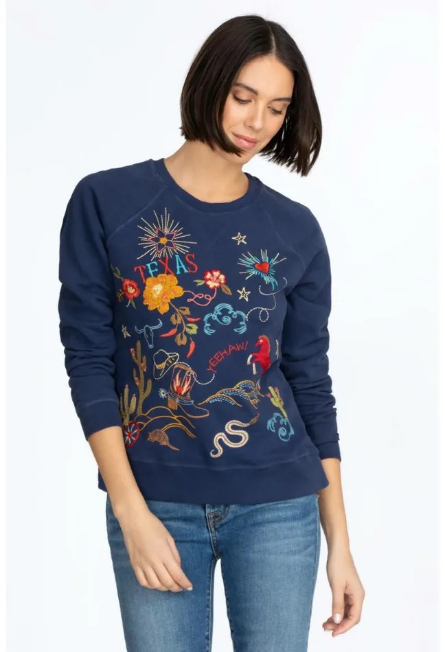 Women Johnny Was Tops Texas Raglan Sweatshirt Navy