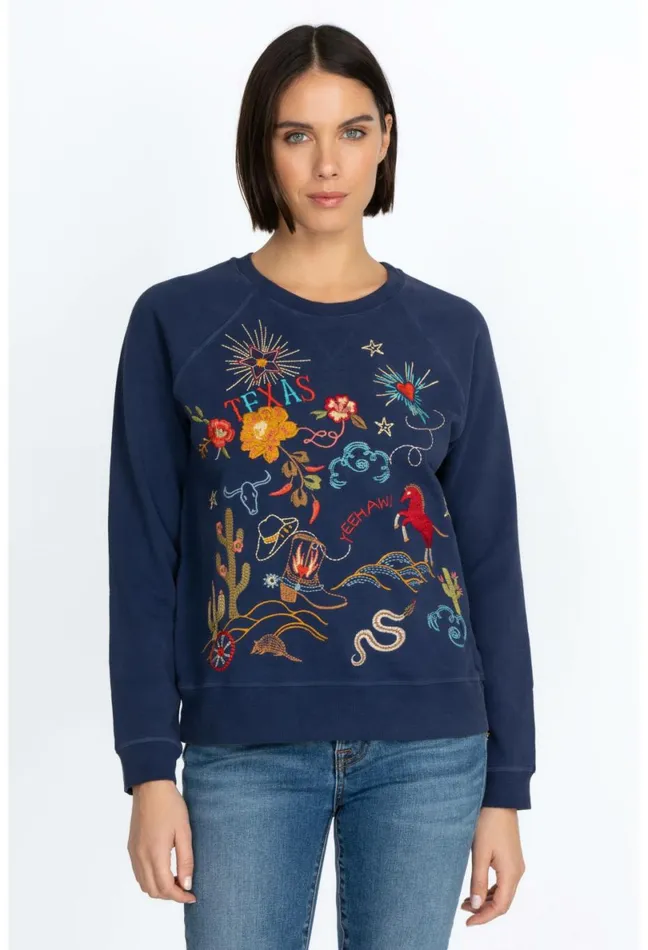 Women Johnny Was Tops Texas Raglan Sweatshirt Navy