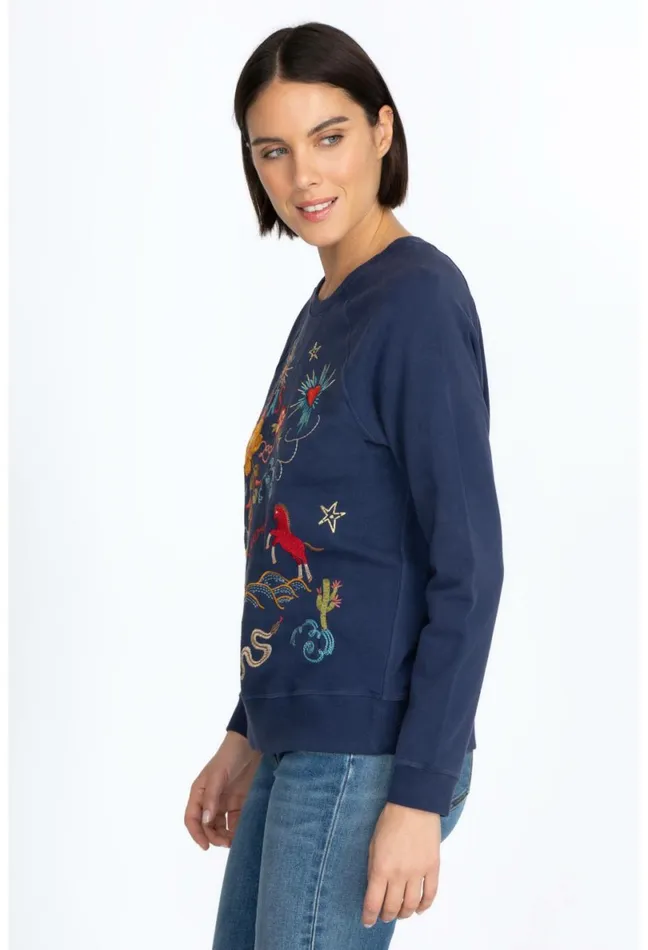 Women Johnny Was Tops Texas Raglan Sweatshirt Navy