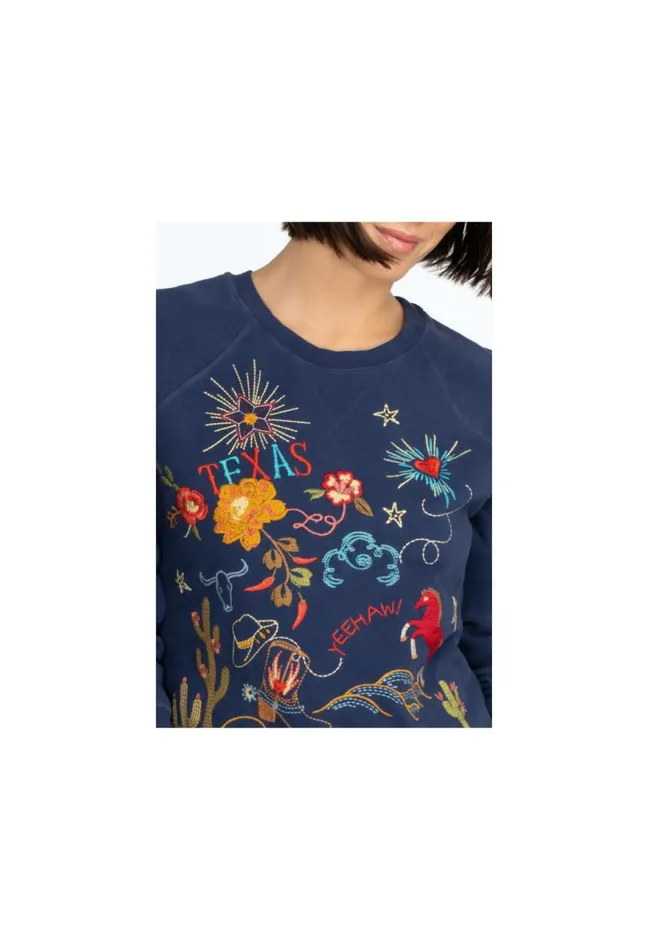 Women Johnny Was Tops Texas Raglan Sweatshirt Navy