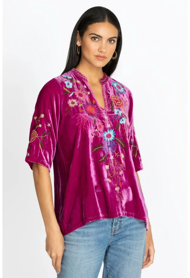 Women Johnny Was Tops Ulla Velvet Easy VNeck Blouse Raspberry