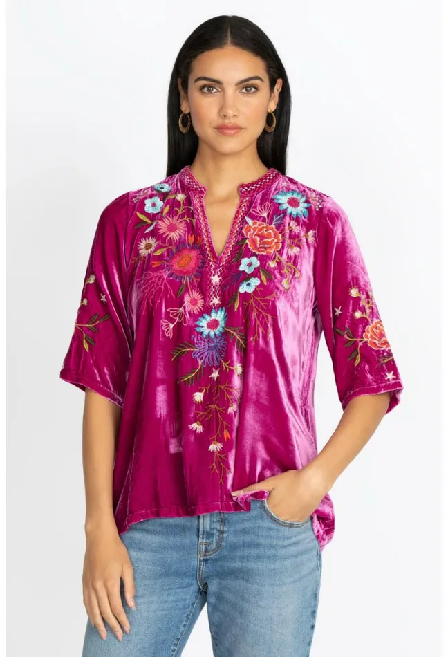 Women Johnny Was Tops Ulla Velvet Easy VNeck Blouse Raspberry