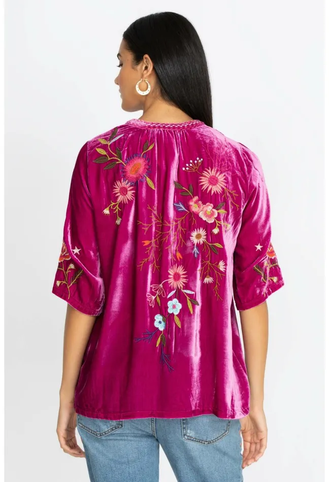 Women Johnny Was Tops Ulla Velvet Easy VNeck Blouse Raspberry