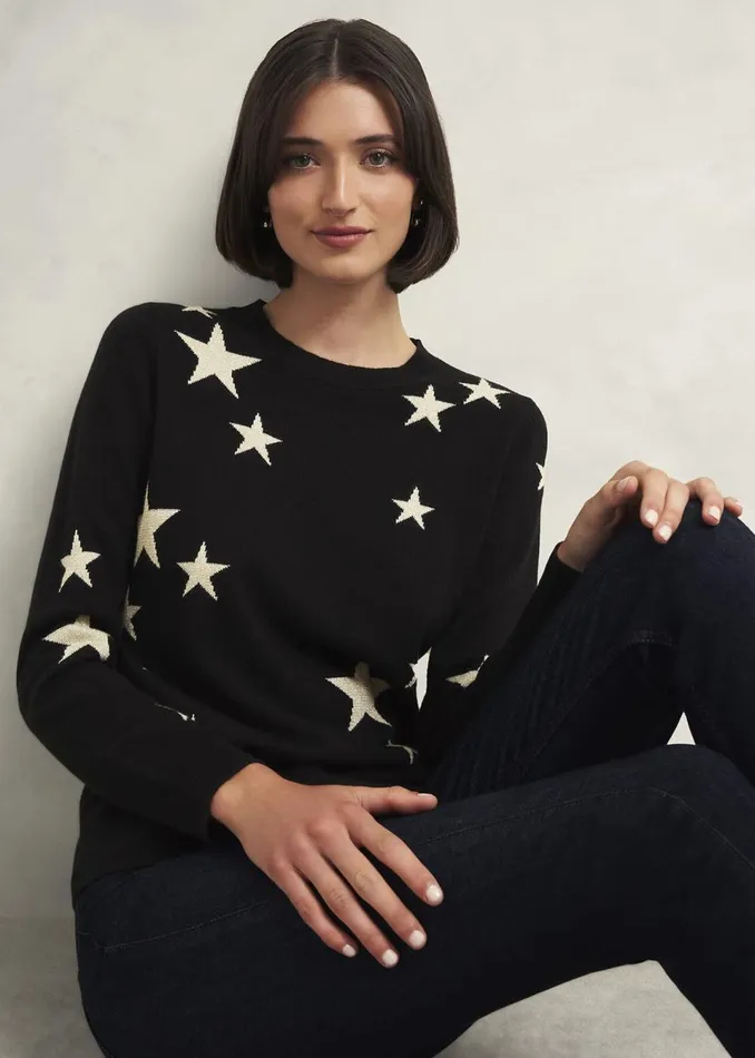 Women Jumpers and Cardigans Hobbs Samira Star Jumper With Cashemre Black Ivory
