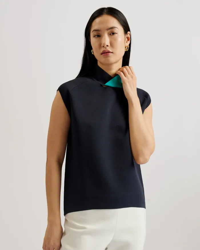 Women KAEDEE 8211 Straight Fit Twist Neck Knitted Top Navy Ted Baker Tops and Blouses
