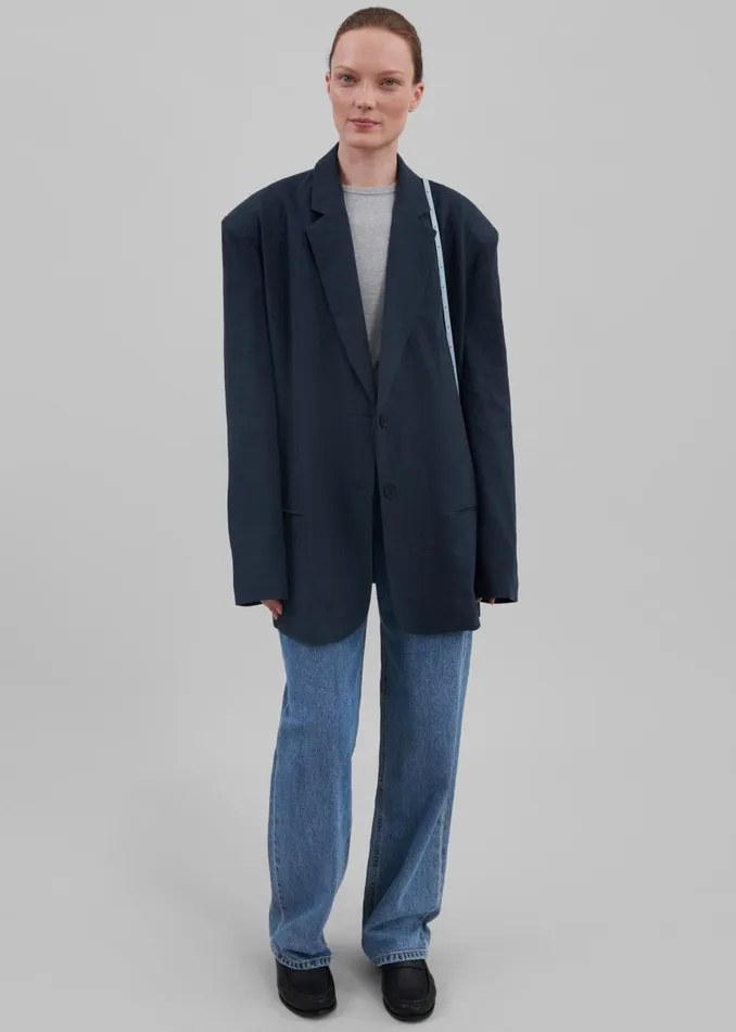 Women Keenan Linen Oversized Blazer 8211 Navy The Frankie Shop Outerwear