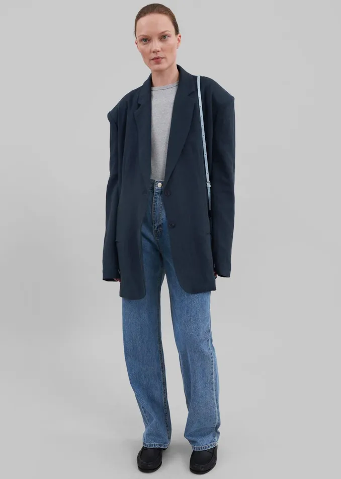 Women Keenan Linen Oversized Blazer 8211 Navy The Frankie Shop Outerwear