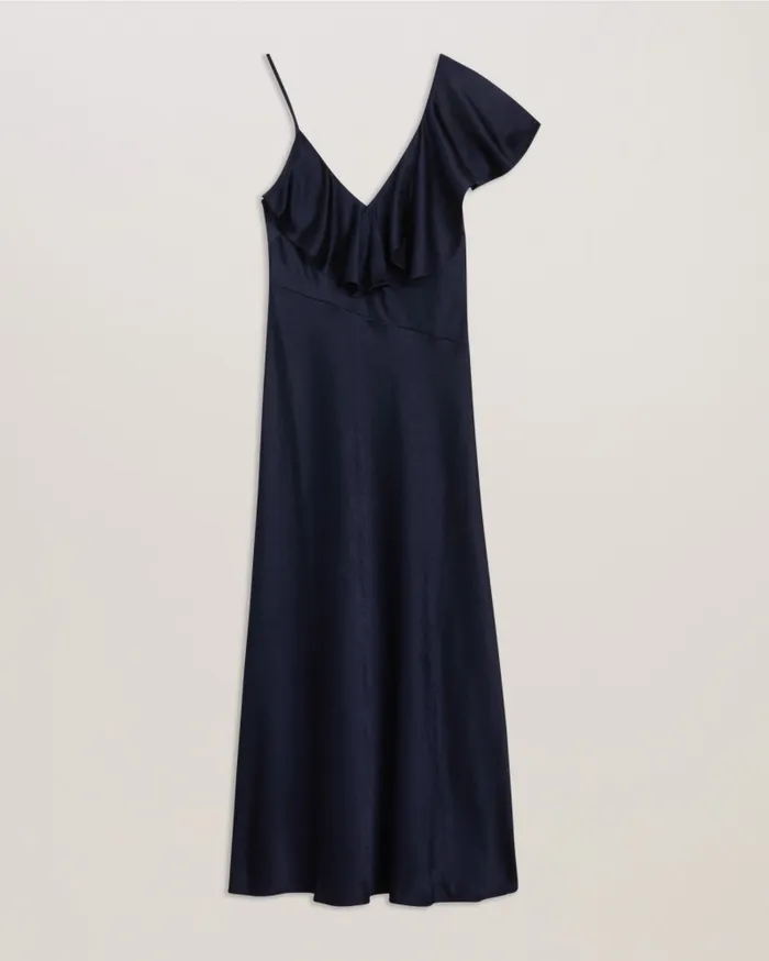 Women KEOMI 8211 Ruffle Neck Satin Midi Slip Dress Navy Ted Baker Dresses