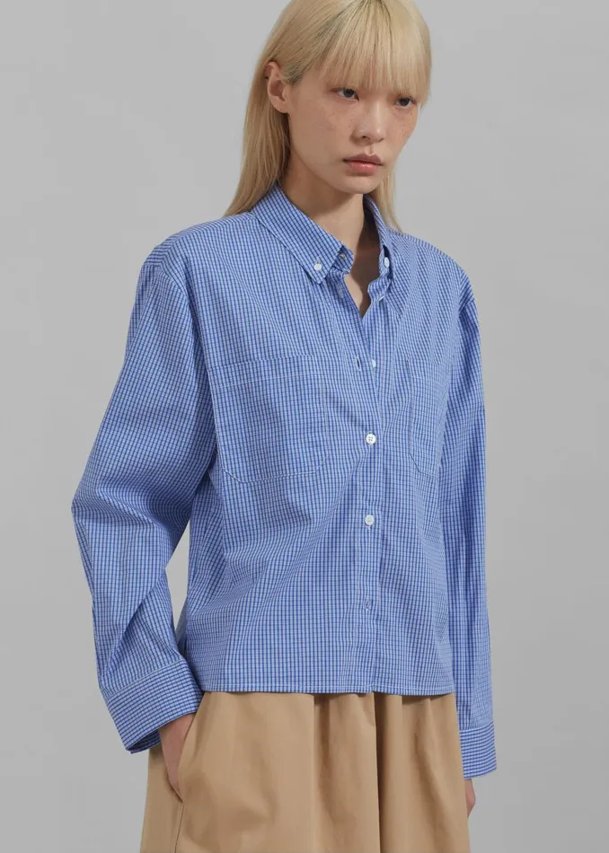 Women Kessa Gingham Button Up Shirt 8211 Blue The Frankie Shop Tops