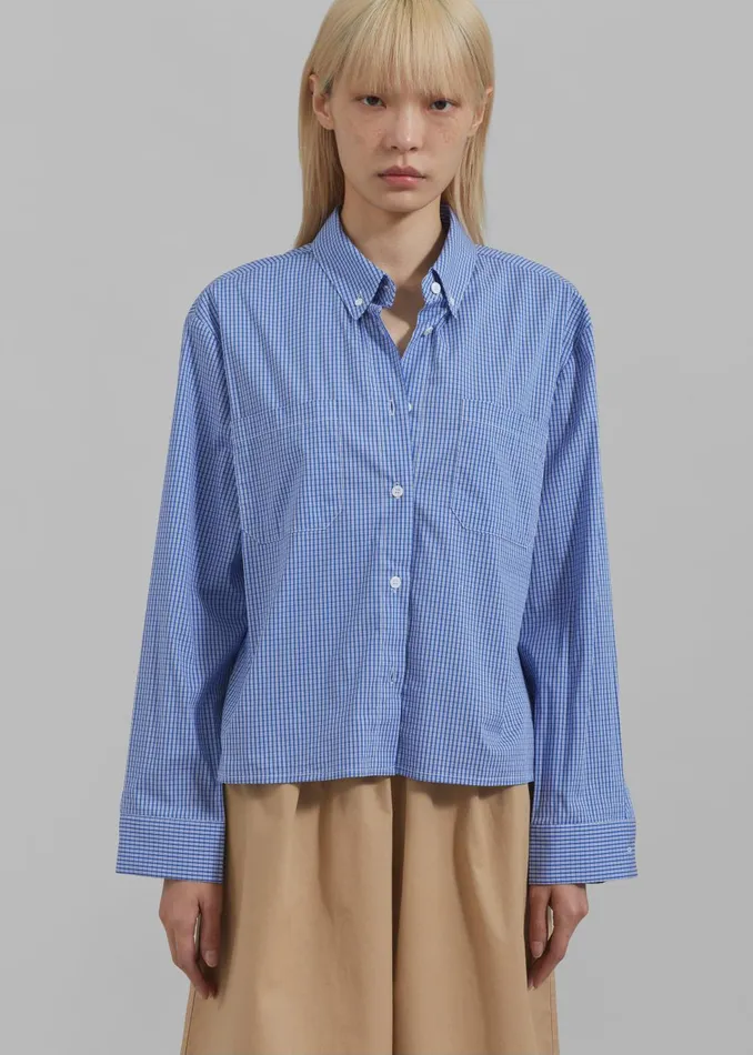 Women Kessa Gingham Button Up Shirt 8211 Blue The Frankie Shop Tops