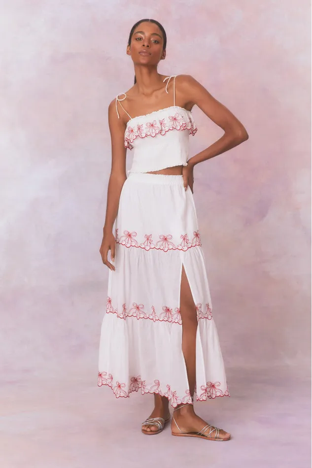 WomenKids Skirts LoveShackFancy Jemila Embroidered Cotton Maxi Skirt Candy Red