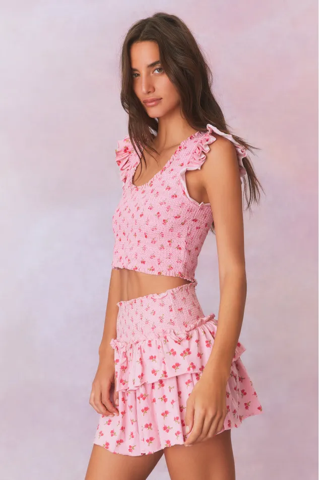 WomenKids Skirts LoveShackFancy Ohana Printed Smocked Mini Skirt Cherry Pink
