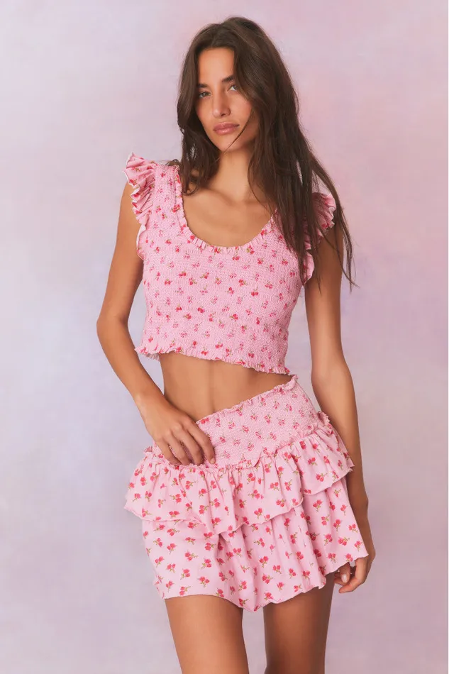 WomenKids Skirts LoveShackFancy Ohana Printed Smocked Mini Skirt Cherry Pink