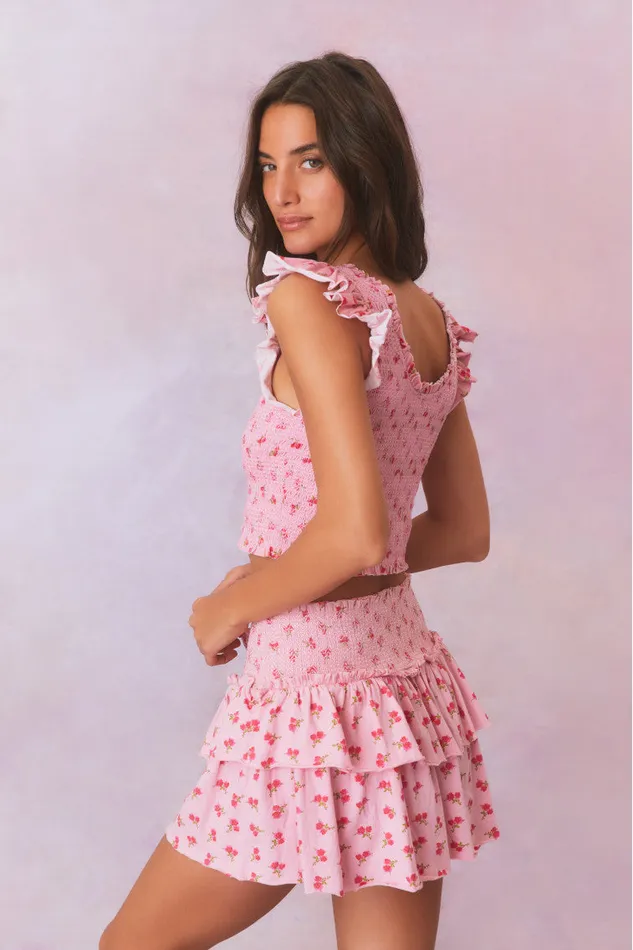 WomenKids Skirts LoveShackFancy Ohana Printed Smocked Mini Skirt Cherry Pink