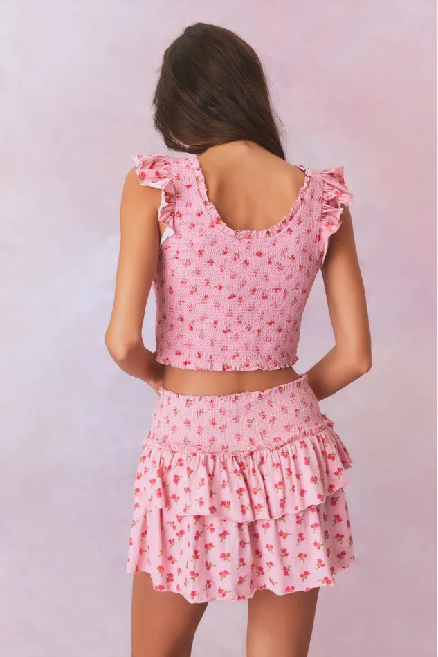 WomenKids Skirts LoveShackFancy Ohana Printed Smocked Mini Skirt Cherry Pink