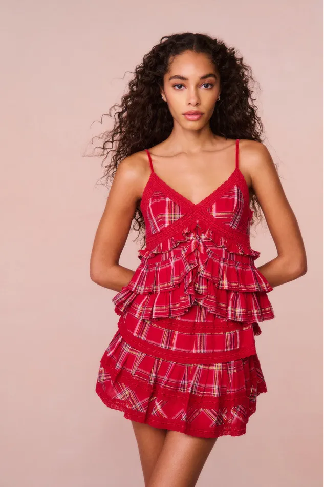 WomenKids Tops LoveShackFancy Abbott Tartan Ruffle Top Cheery Red