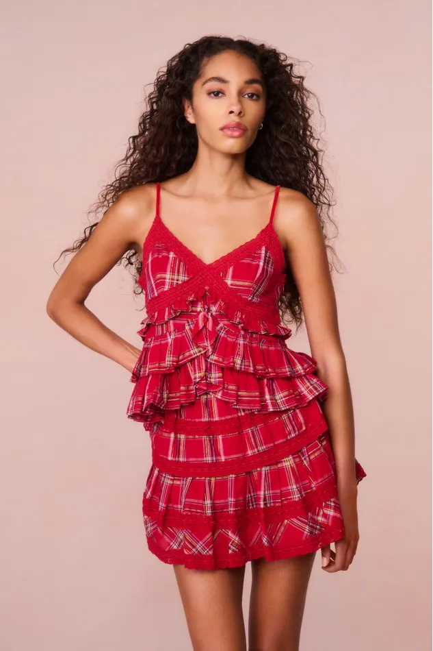 WomenKids Tops LoveShackFancy Abbott Tartan Ruffle Top Cheery Red
