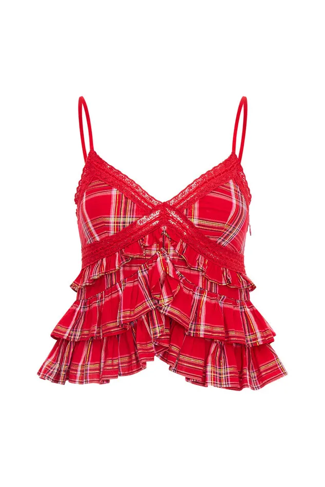 WomenKids Tops LoveShackFancy Abbott Tartan Ruffle Top Cheery Red