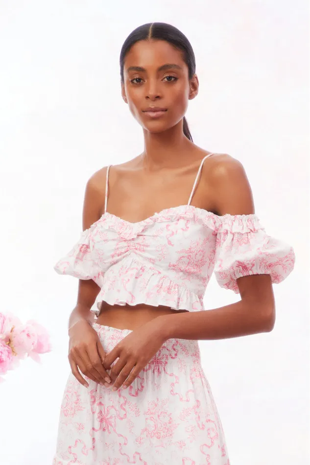 WomenKids Tops LoveShackFancy Amille Bow OffTheShoulder Top Bubblegum Blast