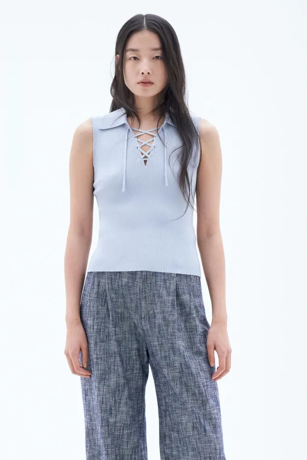 Women Laced Collar Top Mist Blue Filippa K Knitwear