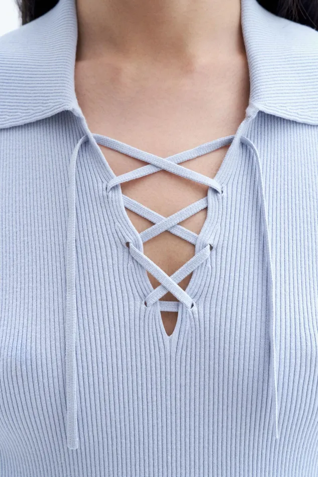 Women Laced Collar Top Mist Blue Filippa K Knitwear