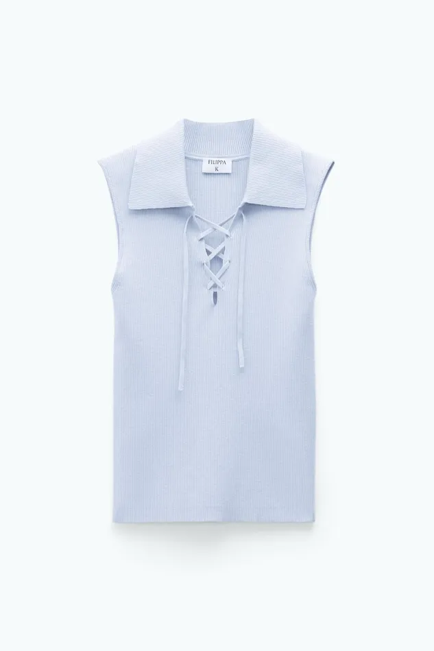 Women Laced Collar Top Mist Blue Filippa K Knitwear
