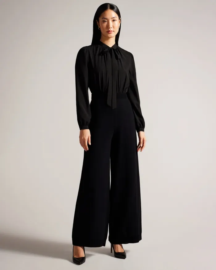 Women LEOT 8211 Knitted Trouser Jumpsuit With Tie Neck Black Ted Baker Jumpsuits and Playsuits