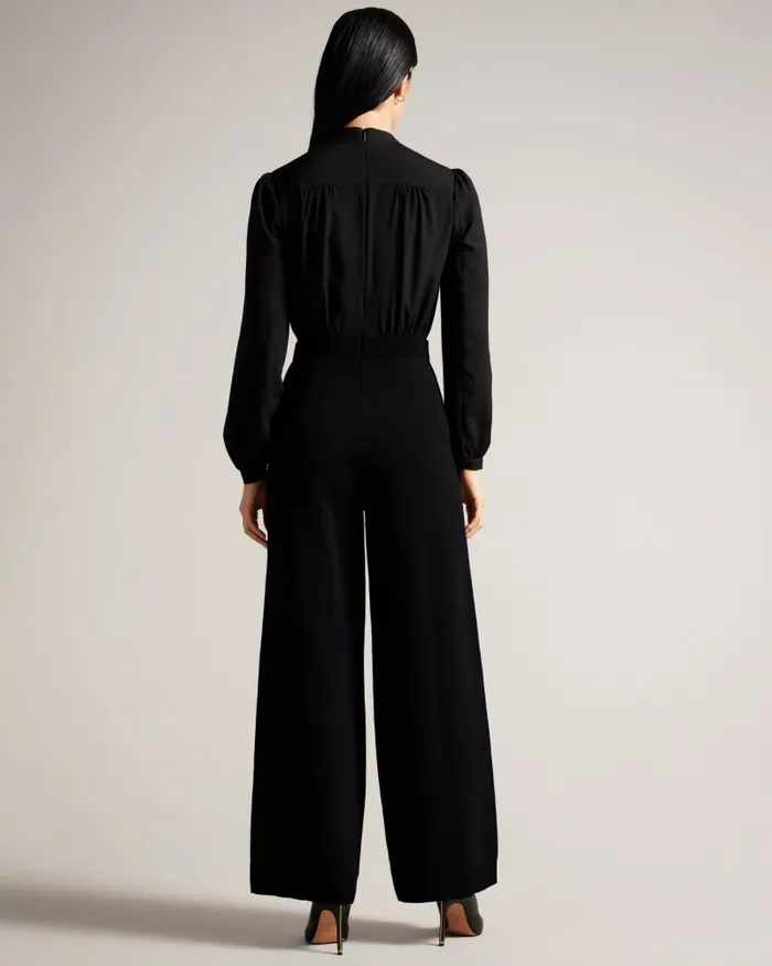 Women LEOT 8211 Knitted Trouser Jumpsuit With Tie Neck Black Ted Baker Jumpsuits and Playsuits