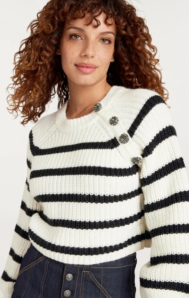 Women Long Sleeve Tops Cinq Sept Striped Keren Pullover Ivoryblack