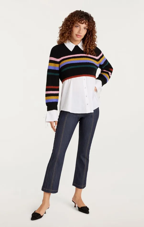 Women Long Sleeve Tops Cinq Sept Striped Nelida Pullover Black Multi