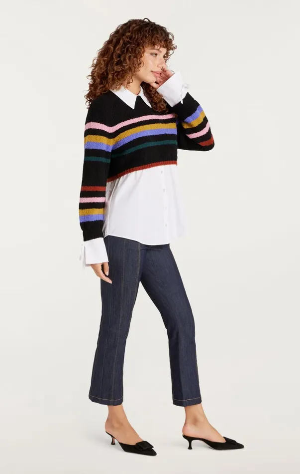 Women Long Sleeve Tops Cinq Sept Striped Nelida Pullover Black Multi