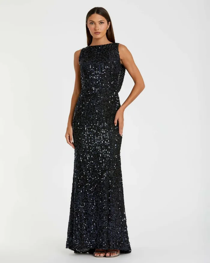 Women Mac Duggal Blue Cowl Back Boat Neck Sequined Evening Gown Midnight Evening Gowns
