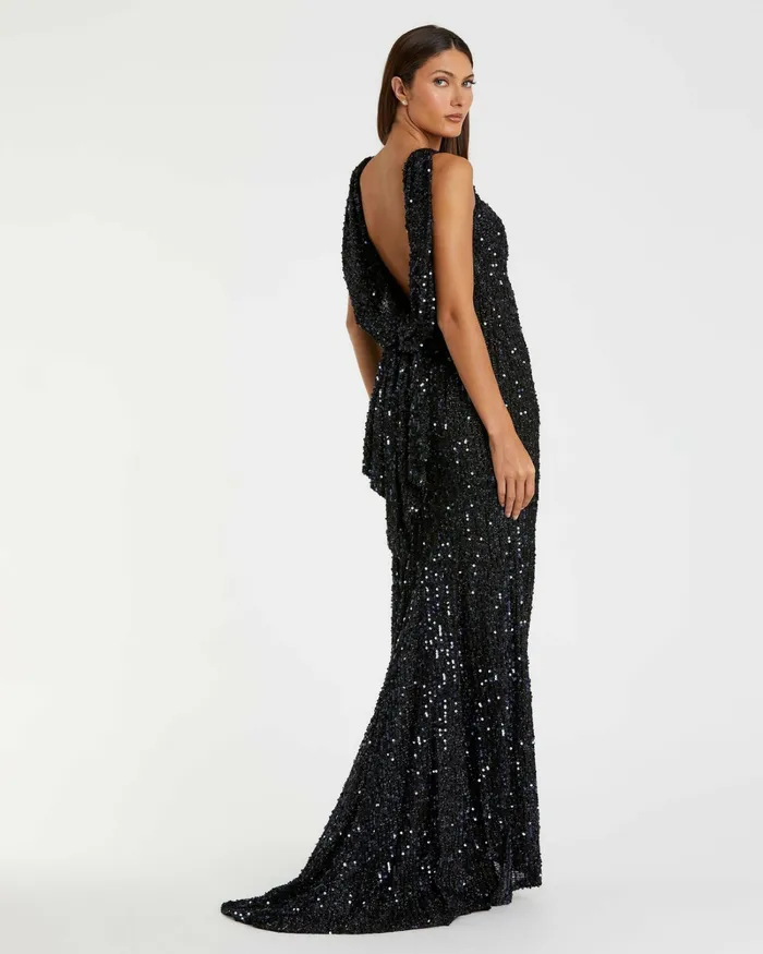 Women Mac Duggal Blue Cowl Back Boat Neck Sequined Evening Gown Midnight Evening Gowns